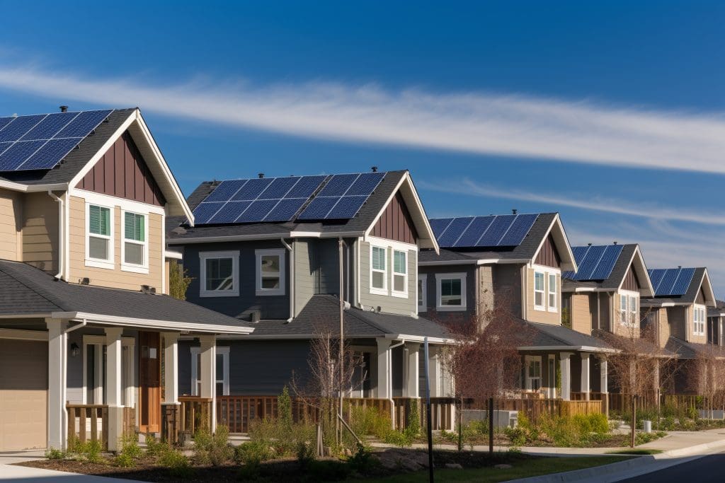 Newly constructed homes with solar panels on the roof under a bright sky. High quality photo