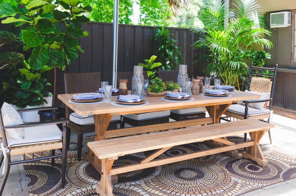 Outdoor living space, table, chairs, plants, rug