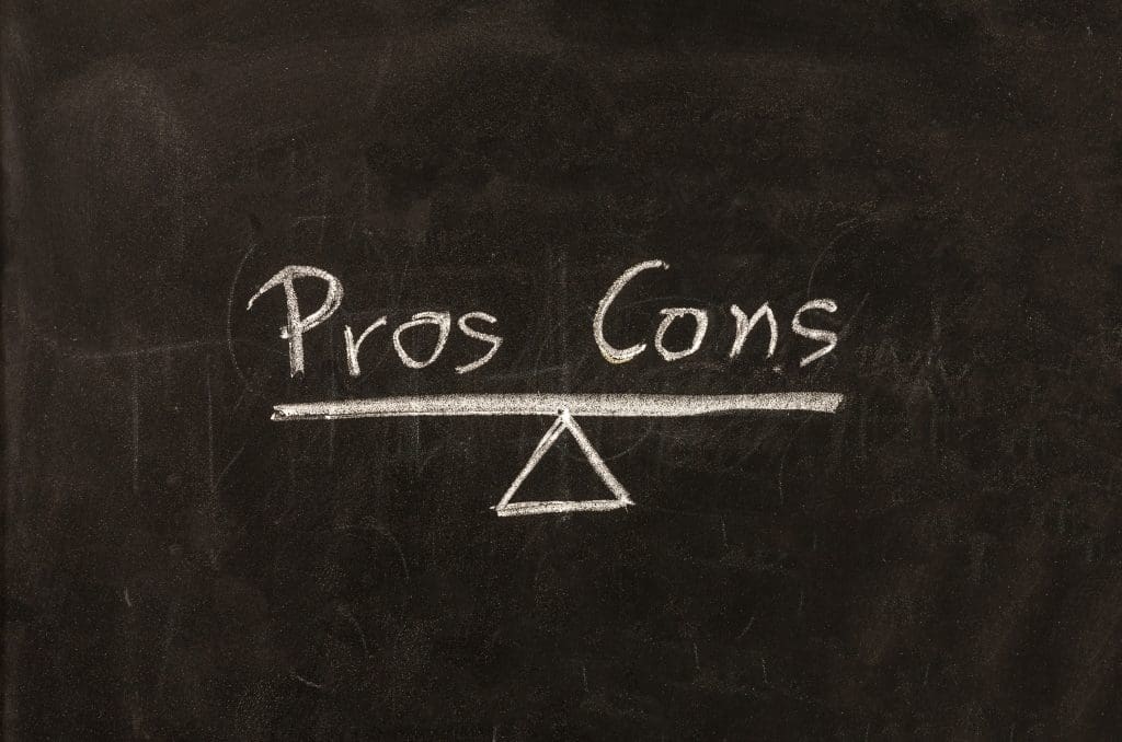 Pros cons concept. Empty list on blackboard background, for decision making. Comparison between negative positive, advantage against disadvantage.