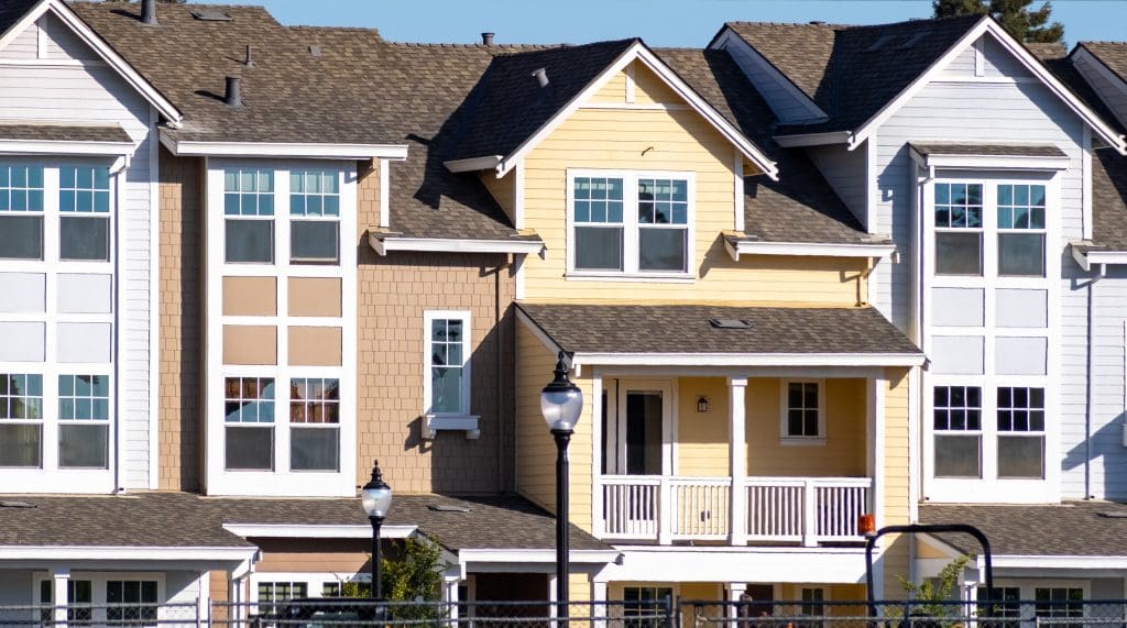 Exterior view of residential townhomes.