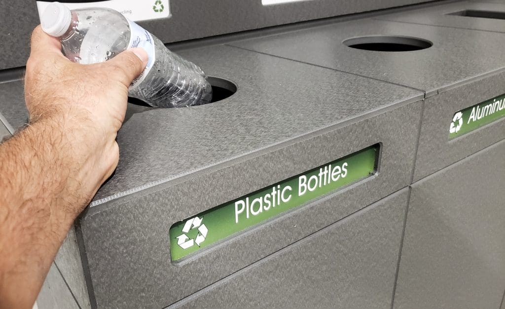 Concept of recycling bins for plastic, aluminum, glass