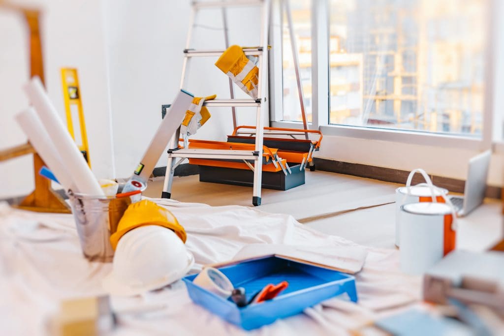 Tools for Repair. Brush and Paint for Painting Walls, Ladder and Rulers. Renovation of a home.