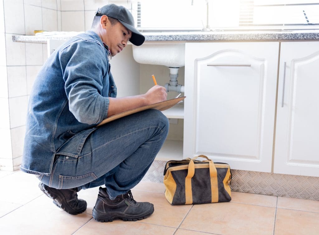 Inspector checking plumbing during home inspection